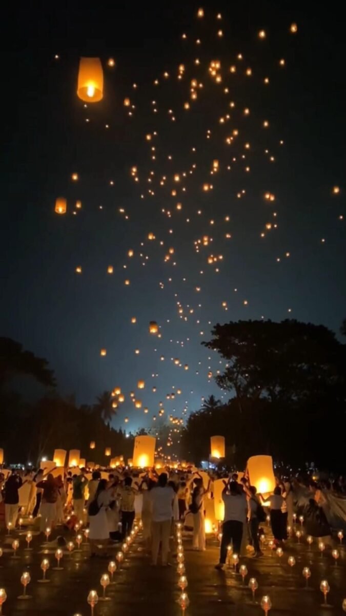Saat lampion dilepas bersamaan di area Candi Borobudur, langit langsung dipenuhi cahaya hangat. Ini detik paling ditunggu—sunyi, khidmat, tapi juga bikin merinding karena indahnya.